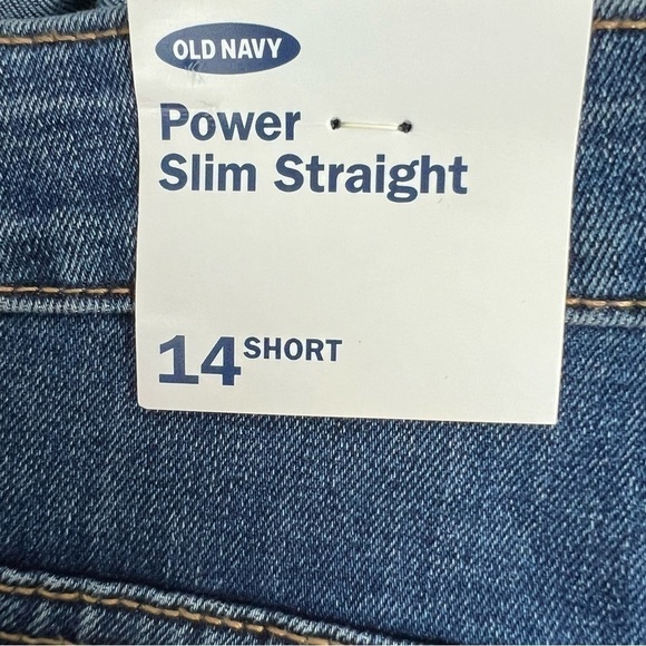 NWT Old Navy Women Power Slim Straight Blue Jeans Sz 14 Short Distressed Stretch - Picture 10 of 16